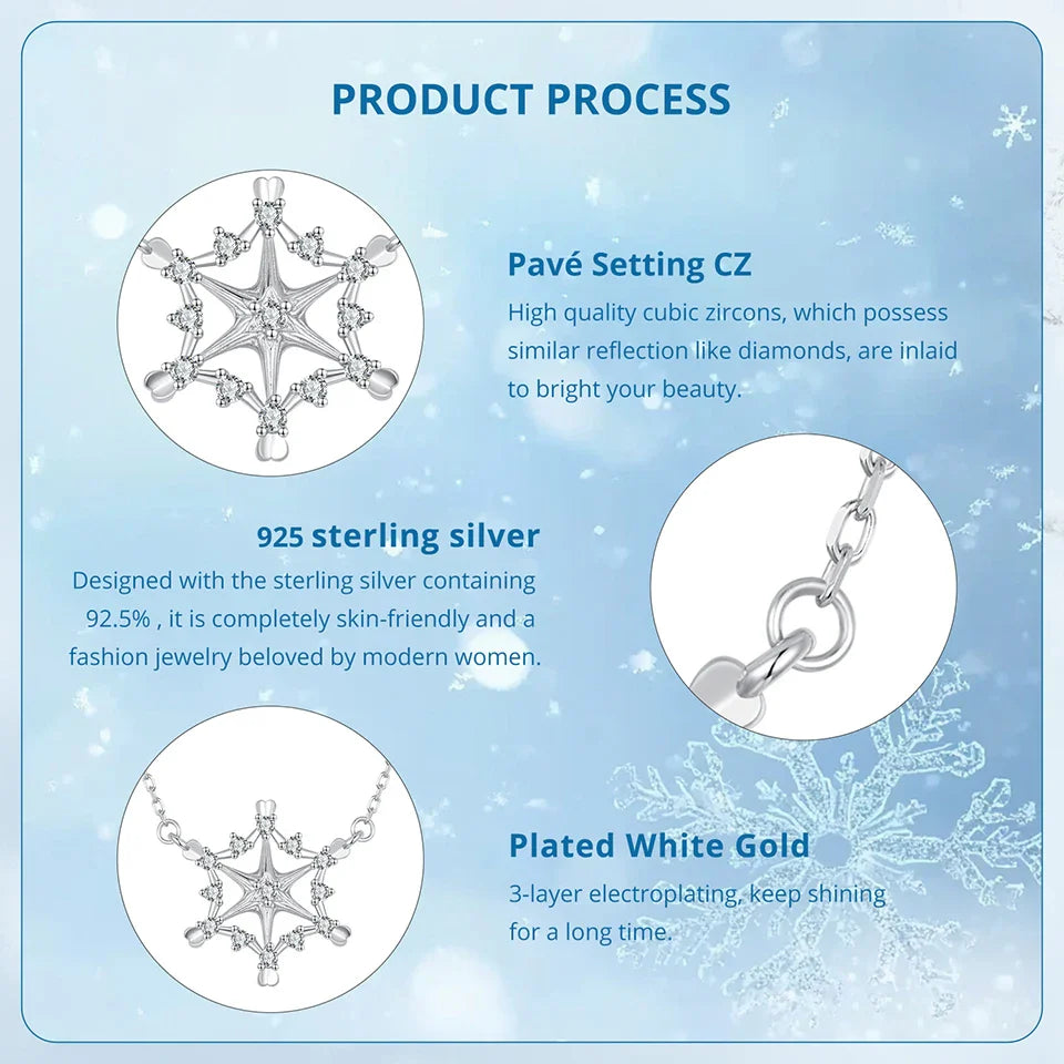925 Sterling Silver Snowflake Pendant Necklace Sparkling Hexagram CZ Link  O-Chain Original for Women Xmas Winter Gift