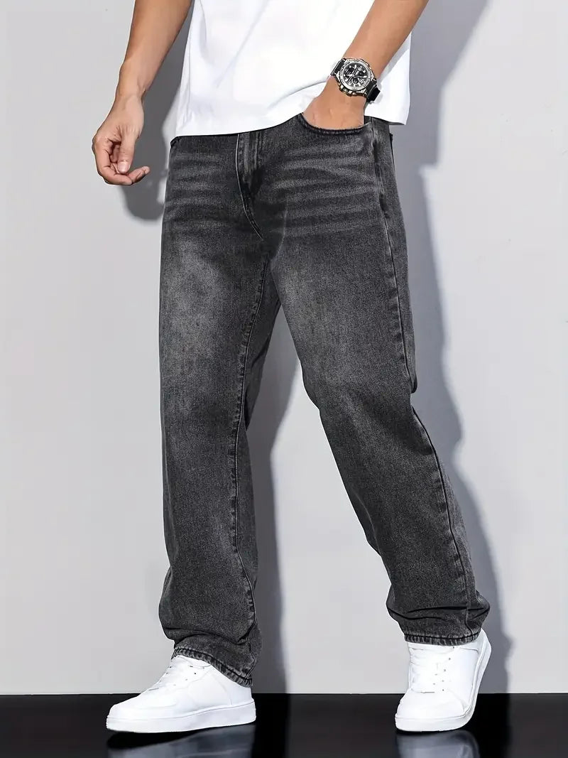Men's Classic Straight Leg Jeans - 65% Cotton 35% Polyester Blend, 380gsm Heavyweight, Machine Washable, Regular Fit, All-Season