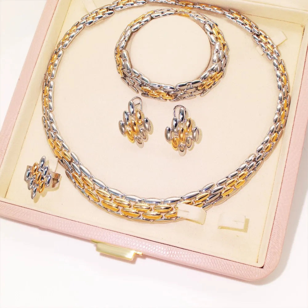 Italian Design Jewelry Set Gold Silver Color Two Tone Necklace Bracelet Geometry Stud Earring Ring For Women Wedding Gift