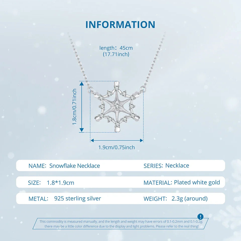 925 Sterling Silver Snowflake Pendant Necklace Sparkling Hexagram CZ Link  O-Chain Original for Women Xmas Winter Gift