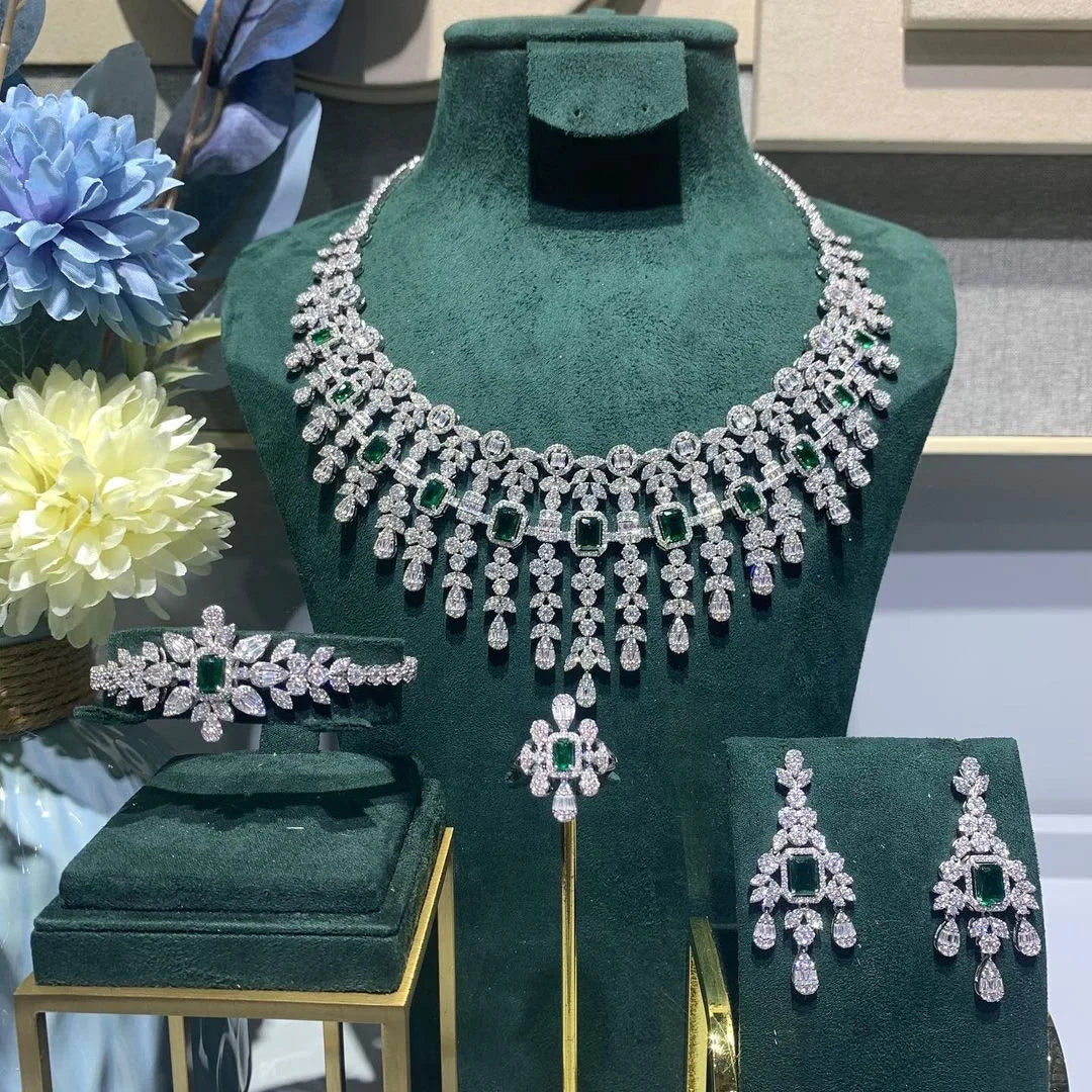 4 pieces of bride zirconia full set of women's party jewelry, luxury Dubai Nigeria CZ luxury crystal wedding necklace set