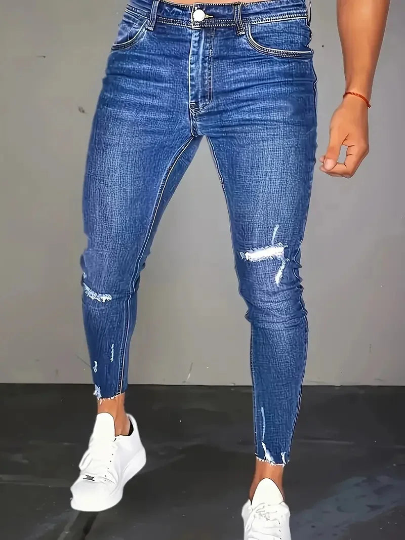 Men's Slim-Fit Washed Jeans - Vintage Five-Pocket Light Blue | Authentic Faded Look for Fall/Winter Vintage Vibes
