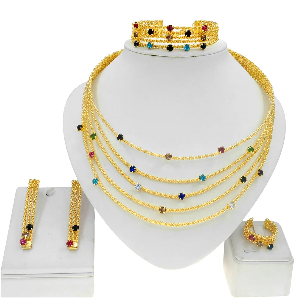Women Jewelry Set Brazil Gold Plated Colorful Rhinestone Necklace Earrings Bracelet Cutout Design Wedding Banquet Jewelry