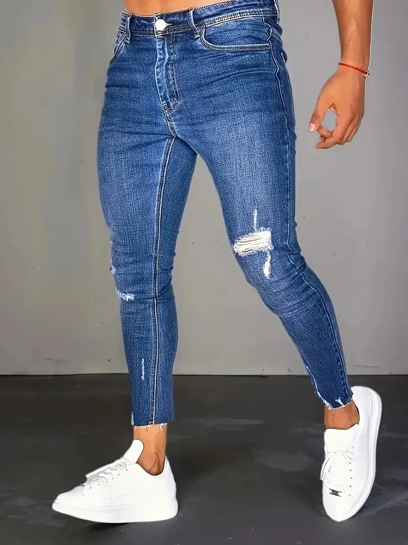 Men's Slim-Fit Washed Jeans - Vintage Five-Pocket Light Blue | Authentic Faded Look for Fall/Winter Vintage Vibes