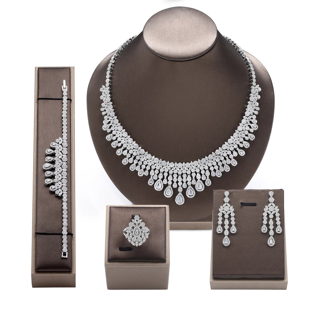 Luxury Women's Jewelry Elegant Style Bridal Tassel Zircon Necklace Earrings Bracelet Ring 4 Piece Bridal Large Wedding Jewelry S