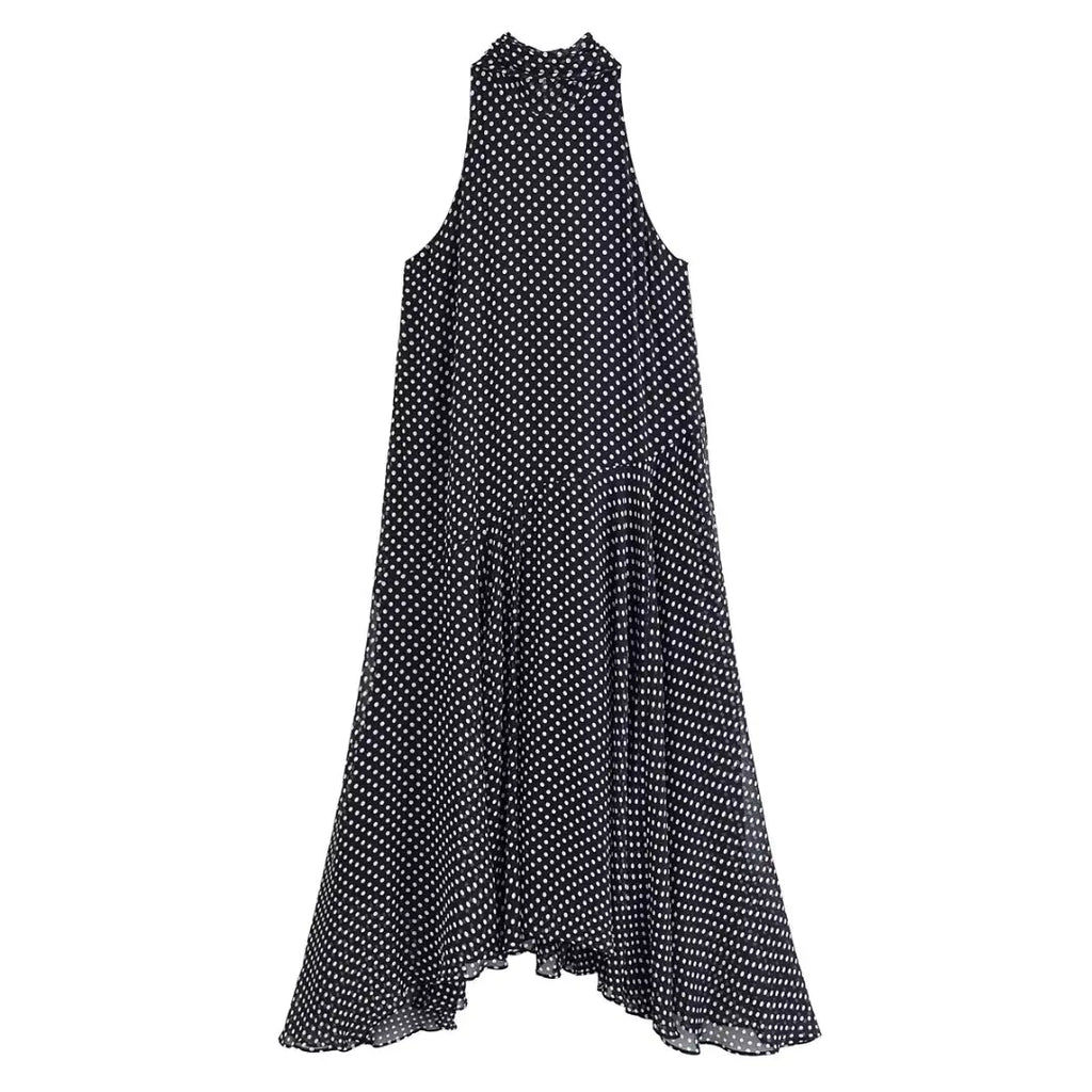 Sexy Halter Scarf Dot Print Dress Women Sleeveless Backless Chiffon Holiday Dress Fashion 2025 Summer Loose Beach Dress