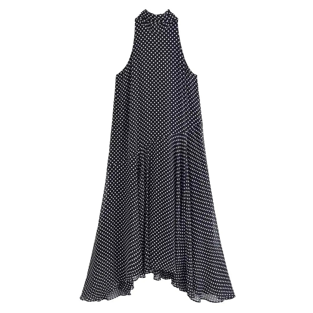 Sexy Halter Scarf Dot Print Dress Women Sleeveless Backless Chiffon Holiday Dress Fashion 2025 Summer Loose Beach Dress