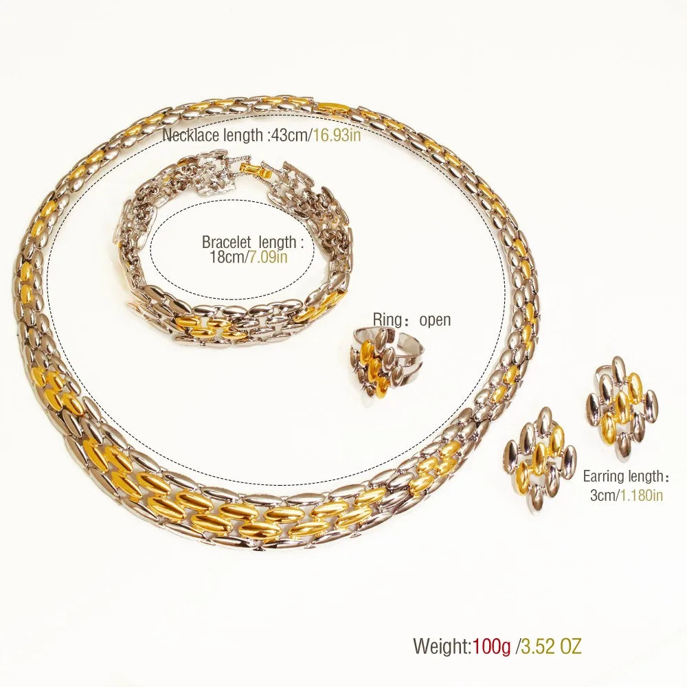 Italian Design Jewelry Set Gold Silver Color Two Tone Necklace Bracelet Geometry Stud Earring Ring For Women Wedding Gift