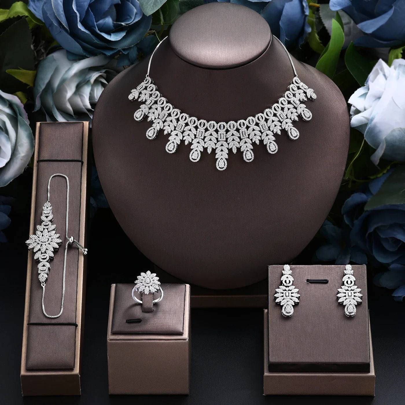 4 pieces of bride zirconia full set of women's party jewelry, luxury Dubai Nigeria CZ luxury crystal wedding necklace set