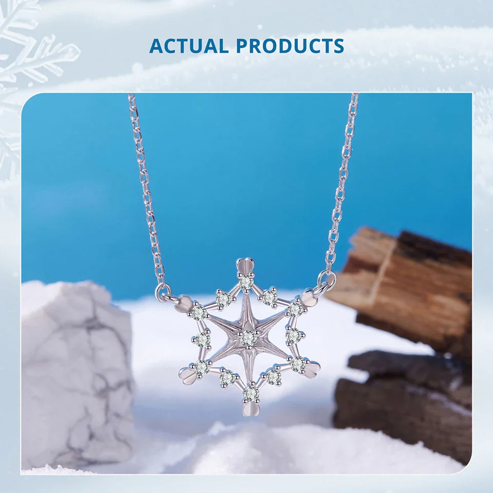 925 Sterling Silver Snowflake Pendant Necklace Sparkling Hexagram CZ Link  O-Chain Original for Women Xmas Winter Gift