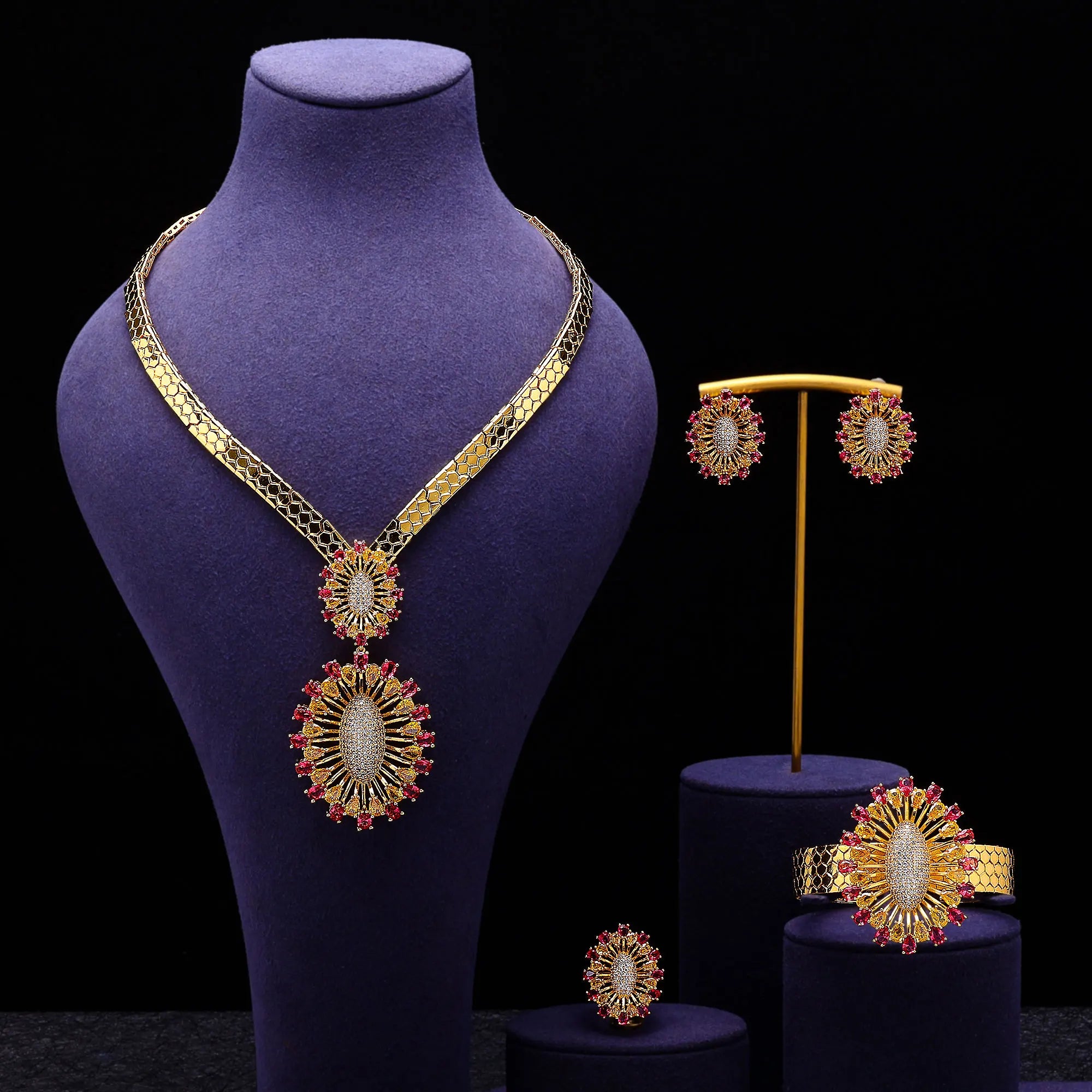 2024 Bridal Wedding Jewelry Set for Women Gold Plated Nigerian African 4pcs Jewelry Necklace Earrings Set Green Red CZ Zirconia