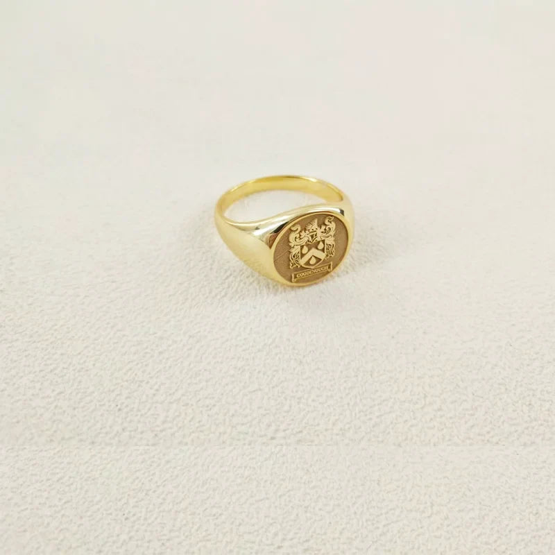 Custom  Engraved Pinky Ring 13mm Round Signet  Ring Custom Family Badge ring for Women Men Ring Copper Jewelry
