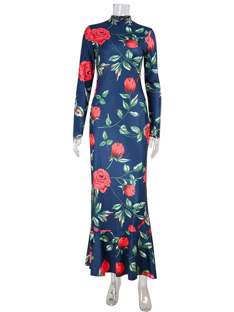 Fashion Women's Maxi Dresses Print Sexy Turtleneck Regular Long Sleeves Fishtail Autumn Sheath Bodycon Trend Vestidos