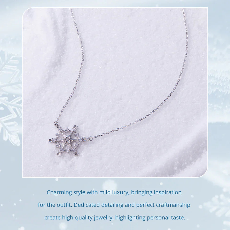 925 Sterling Silver Snowflake Pendant Necklace Sparkling Hexagram CZ Link  O-Chain Original for Women Xmas Winter Gift