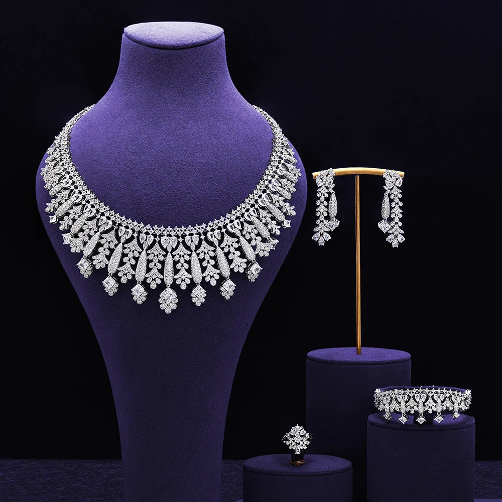 4pcs Bridal Zirconia Full Jewelry Sets For Women Party, Luxury Dubai Nigeria CZ Crystal Wedding Jewelry Sets