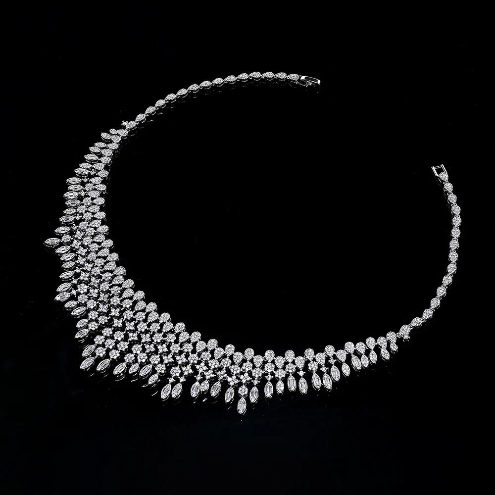 Four-piece Dubai cubic zirconia tassel pendant large chunky wedding bridal necklace luxury jewelry set for bridal party