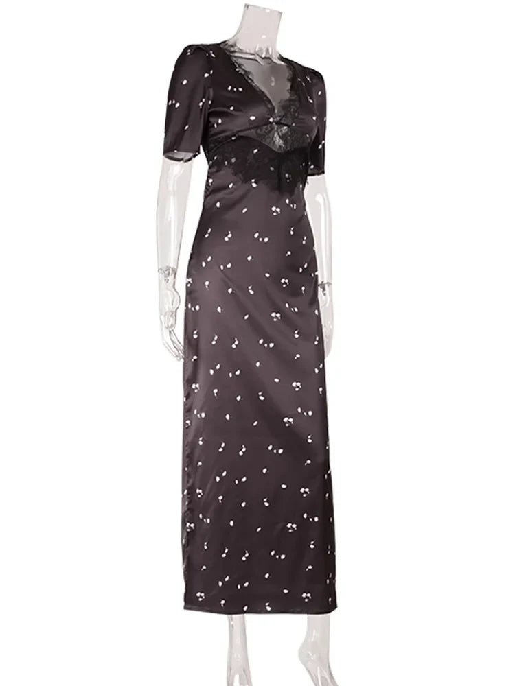 Eelgant Dresses For Women Patchwork Lace Floral V-Neck Short Sleeves Slim Fit Bodycon Trend Sheath Femlae Vestidos Robes