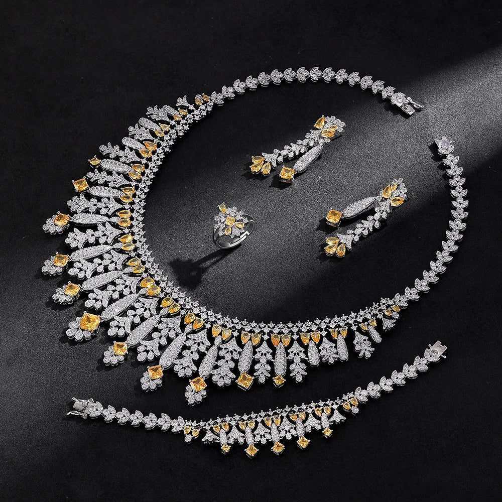 4pcs Bridal Zirconia Full Jewelry Sets For Women Party, Luxury Dubai Nigeria CZ Crystal Wedding Jewelry Sets