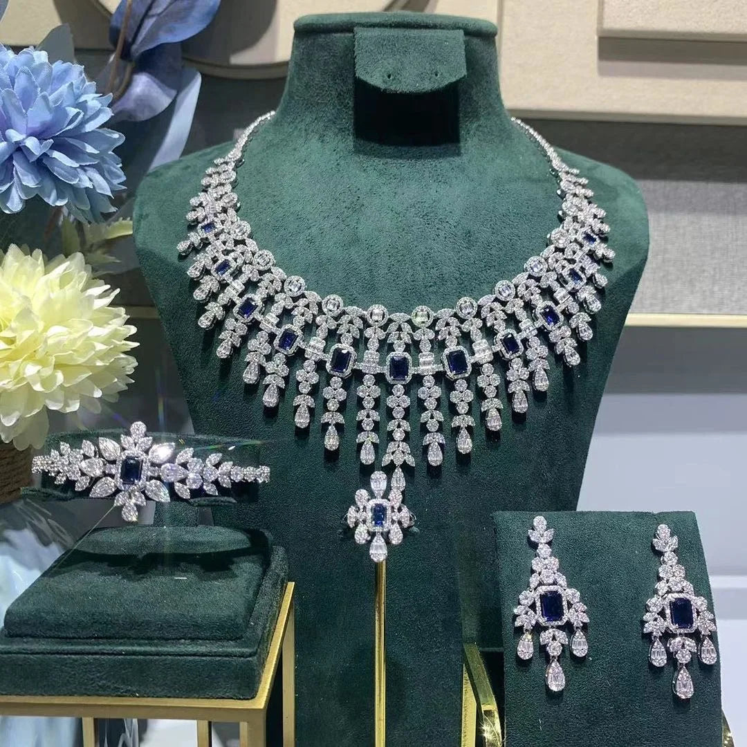 4 pieces of bride zirconia full set of women's party jewelry, luxury Dubai Nigeria CZ luxury crystal wedding necklace set