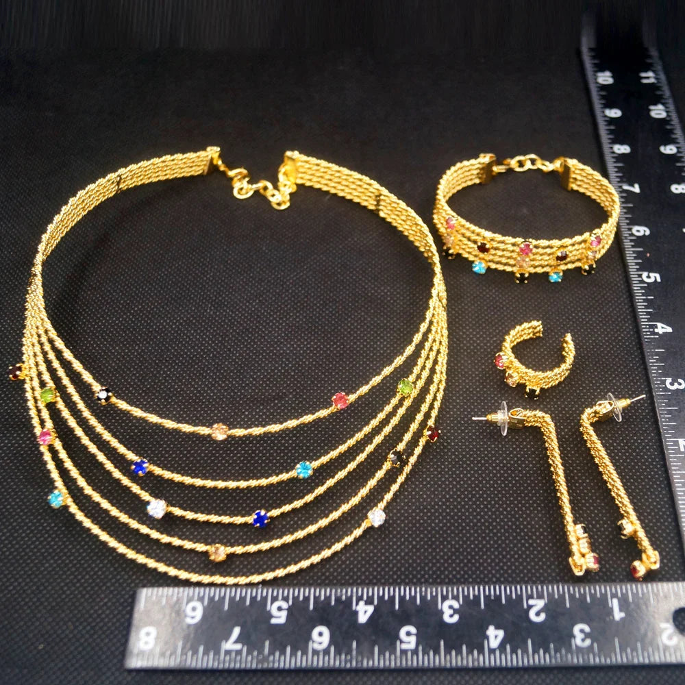 Women Jewelry Set Brazil Gold Plated Colorful Rhinestone Necklace Earrings Bracelet Cutout Design Wedding Banquet Jewelry