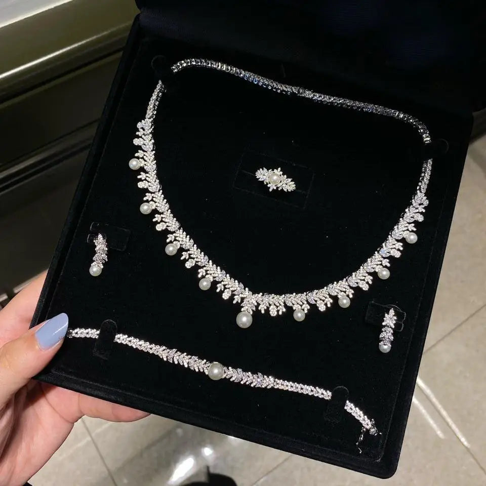 2023 New Cubic zirconia Pearl Necklace Earrings Set of 4 Women's Wedding Party All Zircon Dubai Bridal Jewelry Set Gift