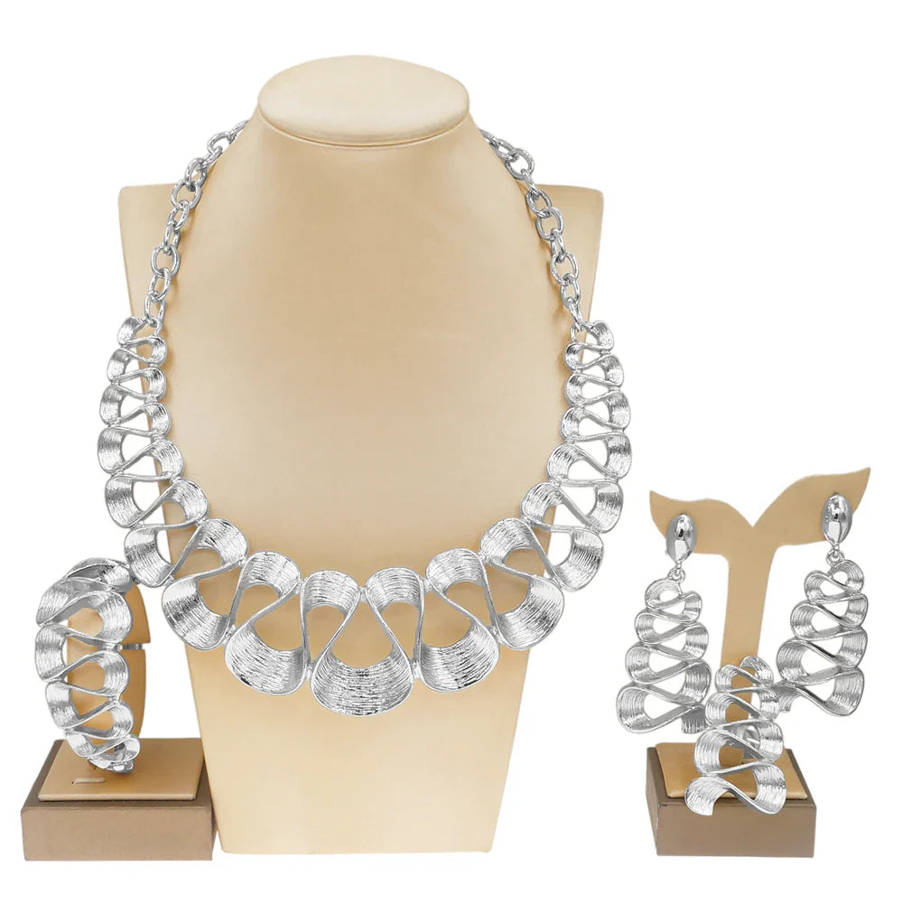 Dubai Gold Plated Jewelry Women Necklace Set Regular Round Pendant Brushed Glossy Bracelet Earrings Wedding Bijoux SYHOL