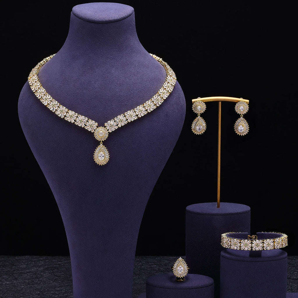 Luxury Wedding Indian Bridal Jewelry Sets Women Snowflakes Cubic Zirconia 4 pcs Necklace Earrings for Women