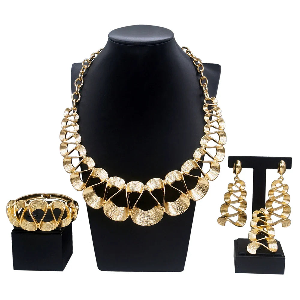 Dubai Gold Plated Jewelry Women Necklace Set Regular Round Pendant Brushed Glossy Bracelet Earrings Wedding Bijoux SYHOL