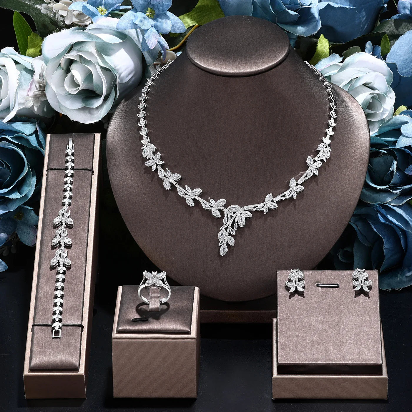 Classic rectangular cubic zirconia wedding necklace and earring set Dubai Nigeria CZ Bridal Jewelry Set