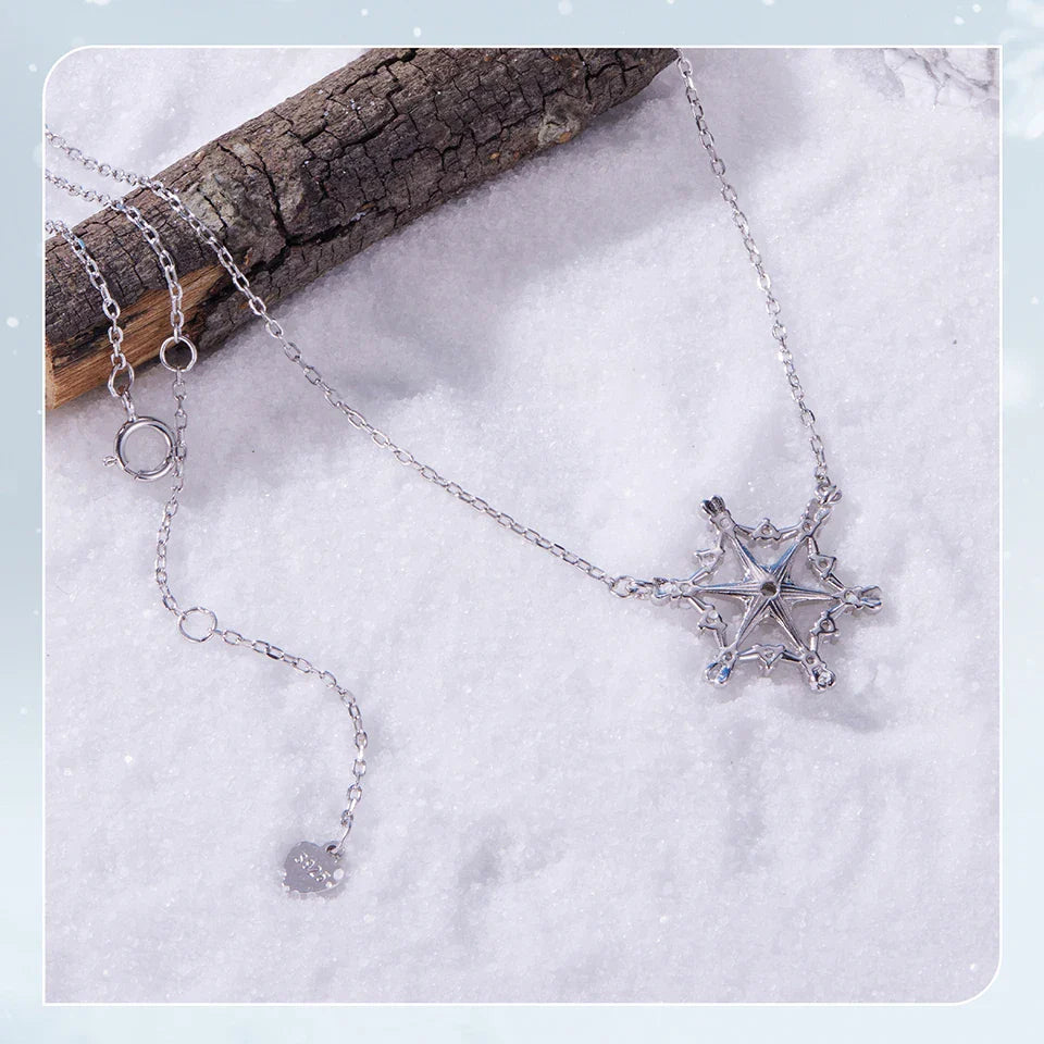 925 Sterling Silver Snowflake Pendant Necklace Sparkling Hexagram CZ Link  O-Chain Original for Women Xmas Winter Gift