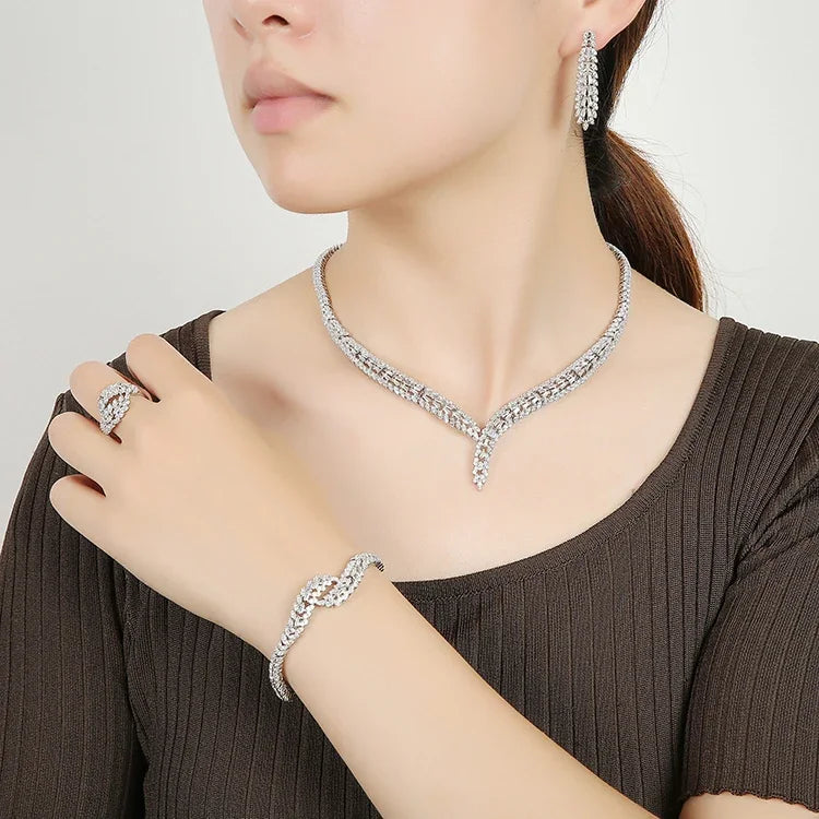 Classic rectangular cubic zirconia wedding necklace and earring set Dubai Nigeria CZ Bridal Jewelry Set