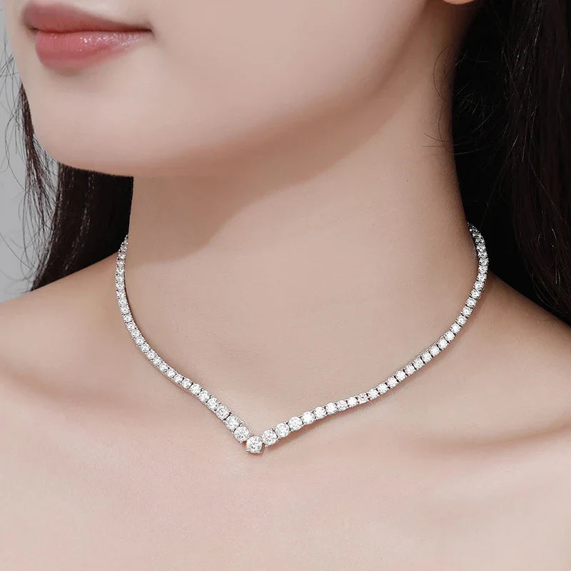 Moissanite Tennis Necklace for Woman V Style Wedding Party Neckchain 925 Sterling Sliver Plated 18k White Gold Necklace