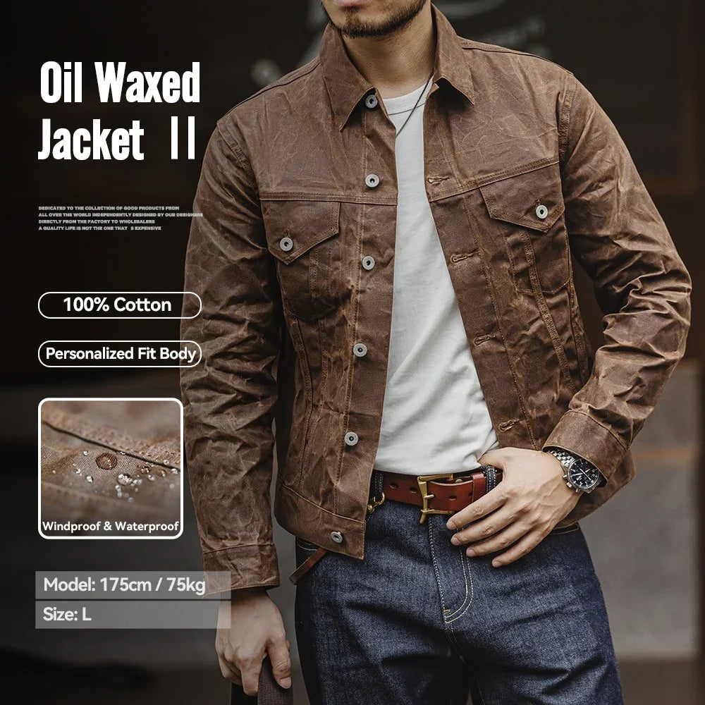 Amekaji Retro Male Oil Waxed Jacket Canvas Cotton Khaki Military Uniform Light Casual Work Safari Style Coats Man Clothing