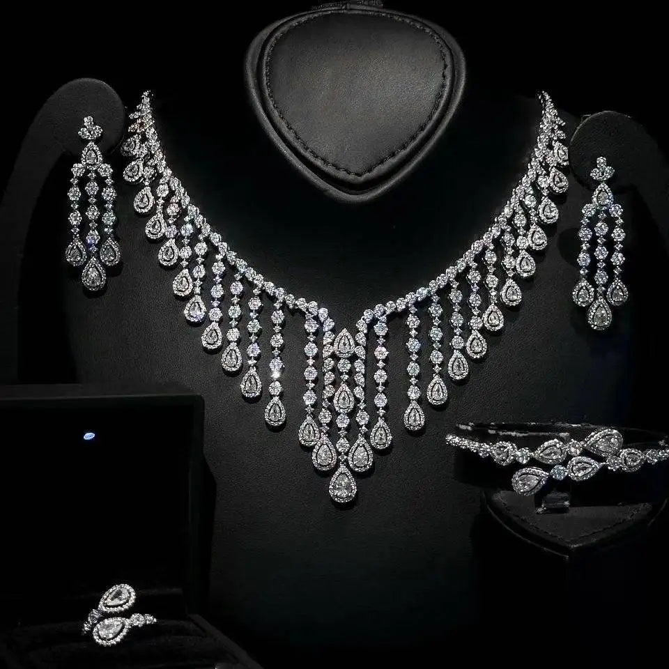 Luxury  4 Pieces Bridal Wedding Jewelry for Women Cubic Zirconia Water Drop Earrings Tassel Necklace Jewelry Sets Party Gift