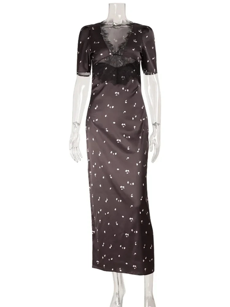 Eelgant Dresses For Women Patchwork Lace Floral V-Neck Short Sleeves Slim Fit Bodycon Trend Sheath Femlae Vestidos Robes