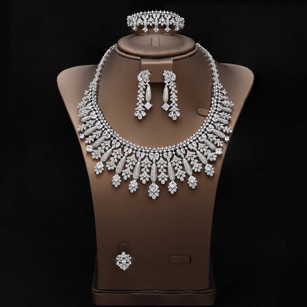 4pcs Bridal Zirconia Full Jewelry Sets For Women Party, Luxury Dubai Nigeria CZ Crystal Wedding Jewelry Sets