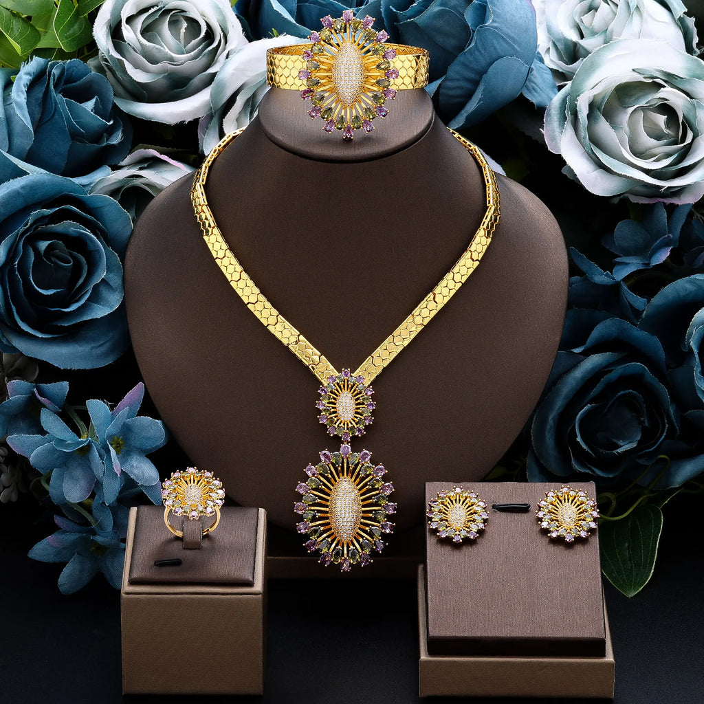 2024 Bridal Wedding Jewelry Set for Women Gold Plated Nigerian African 4pcs Jewelry Necklace Earrings Set Green Red CZ Zirconia
