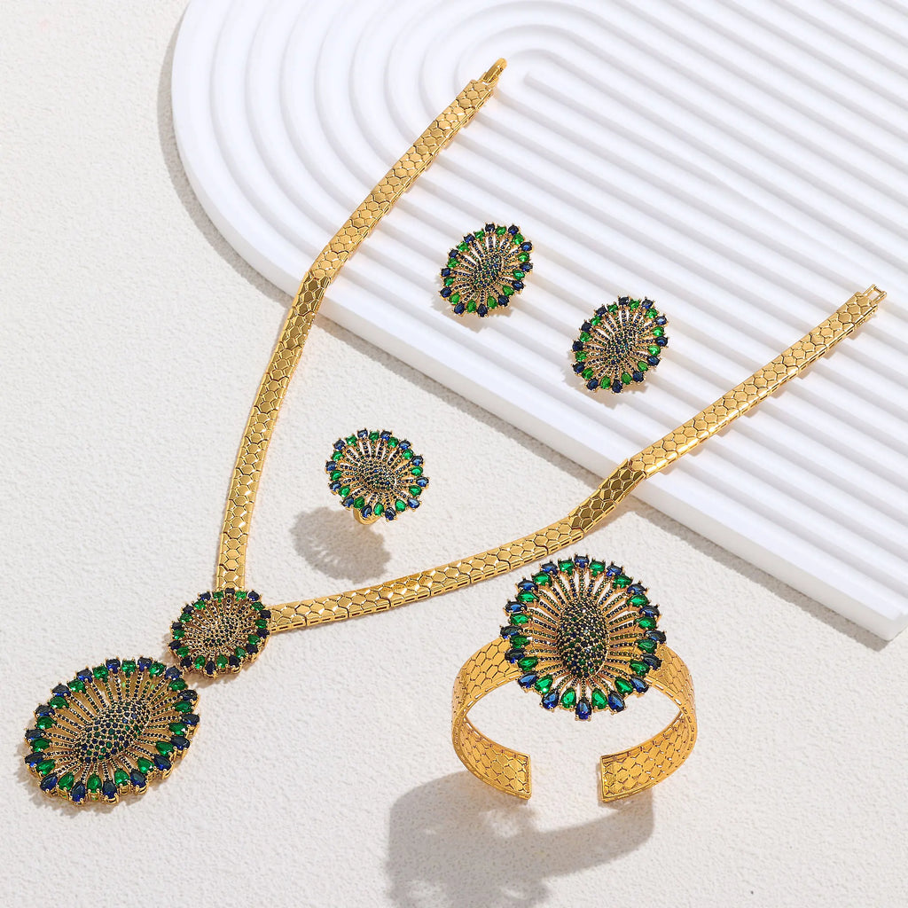 2024 Bridal Wedding Jewelry Set for Women Gold Plated Nigerian African 4pcs Jewelry Necklace Earrings Set Green Red CZ Zirconia