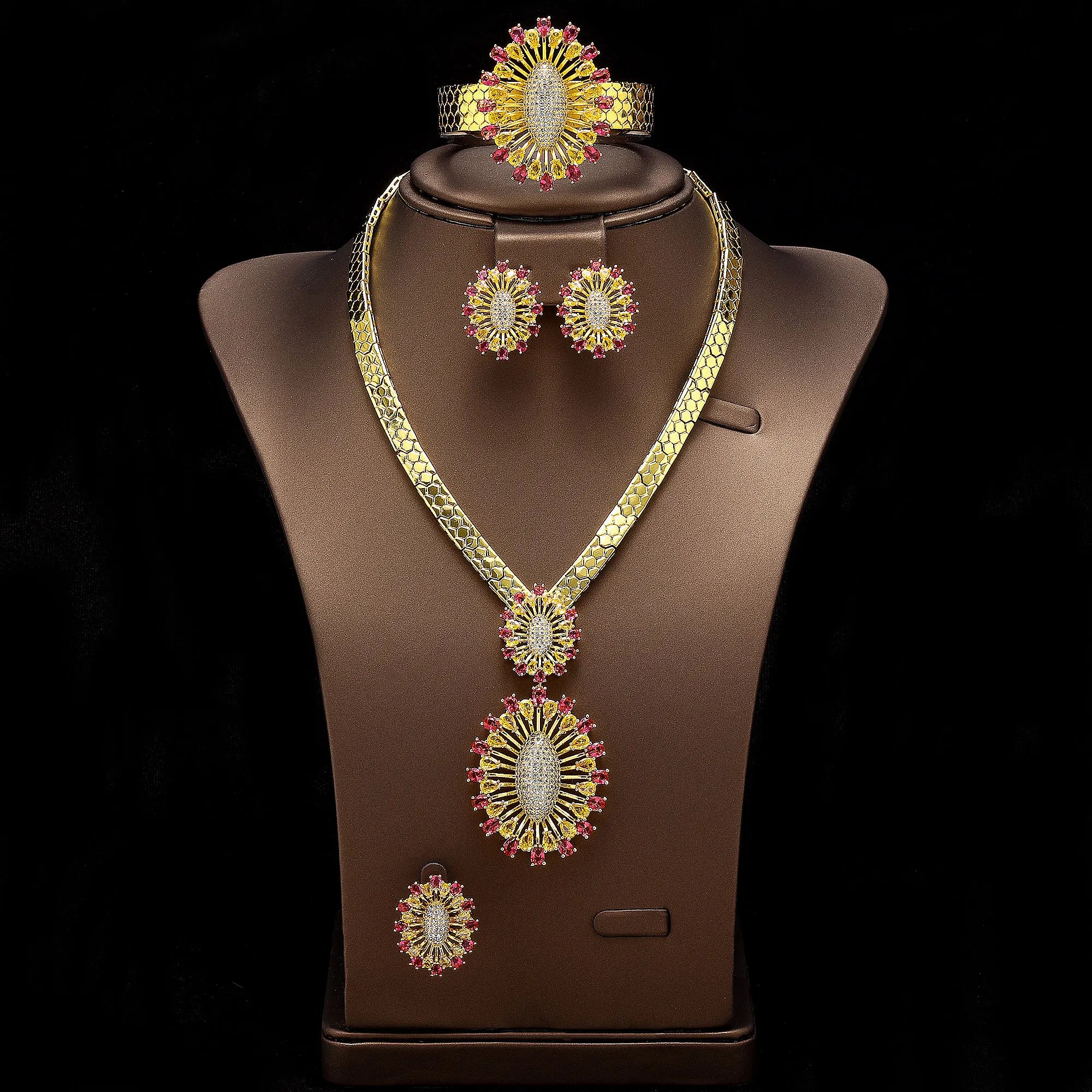 2024 Bridal Wedding Jewelry Set for Women Gold Plated Nigerian African 4pcs Jewelry Necklace Earrings Set Green Red CZ Zirconia