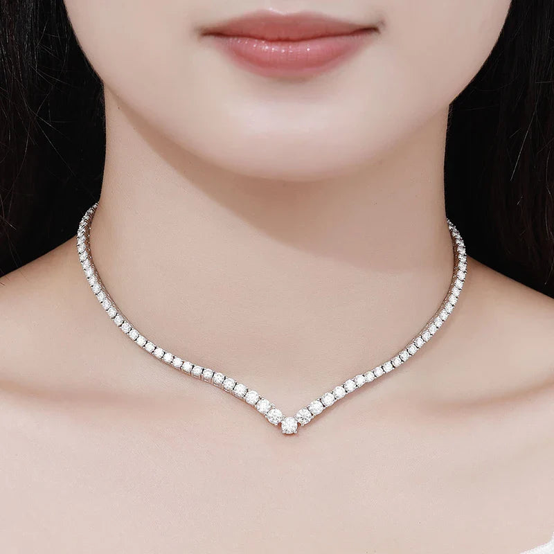 Moissanite Tennis Necklace for Woman V Style Wedding Party Neckchain 925 Sterling Sliver Plated 18k White Gold Necklace