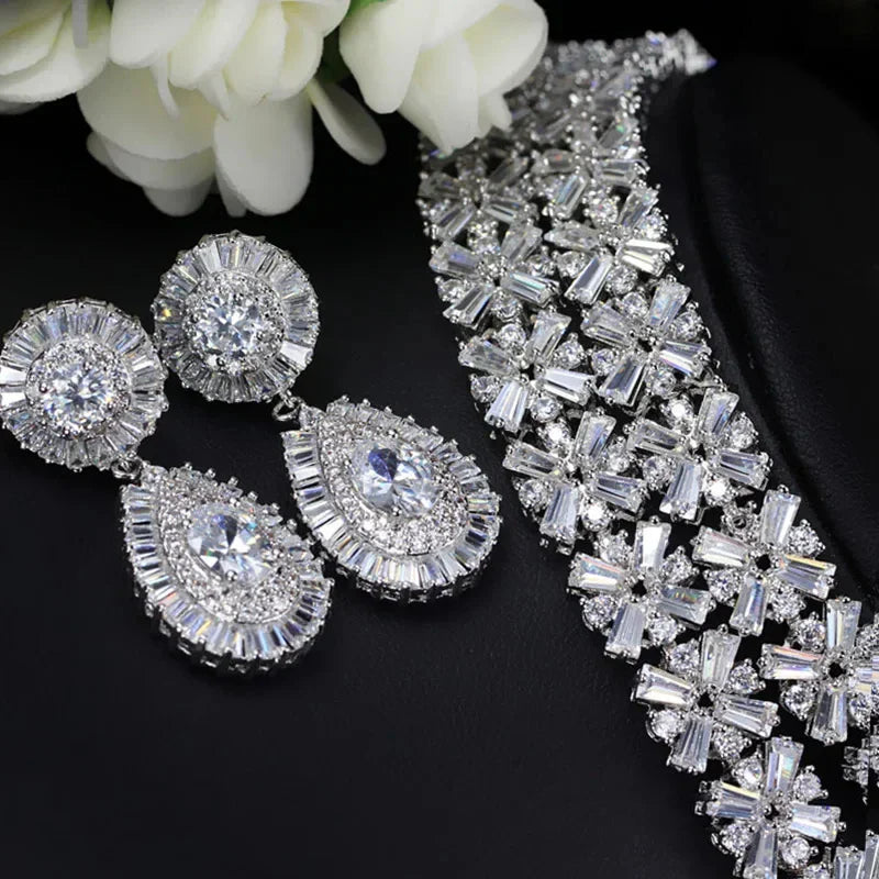 Luxury Wedding Indian Bridal Jewelry Sets Women Snowflakes Cubic Zirconia 4 pcs Necklace Earrings for Women