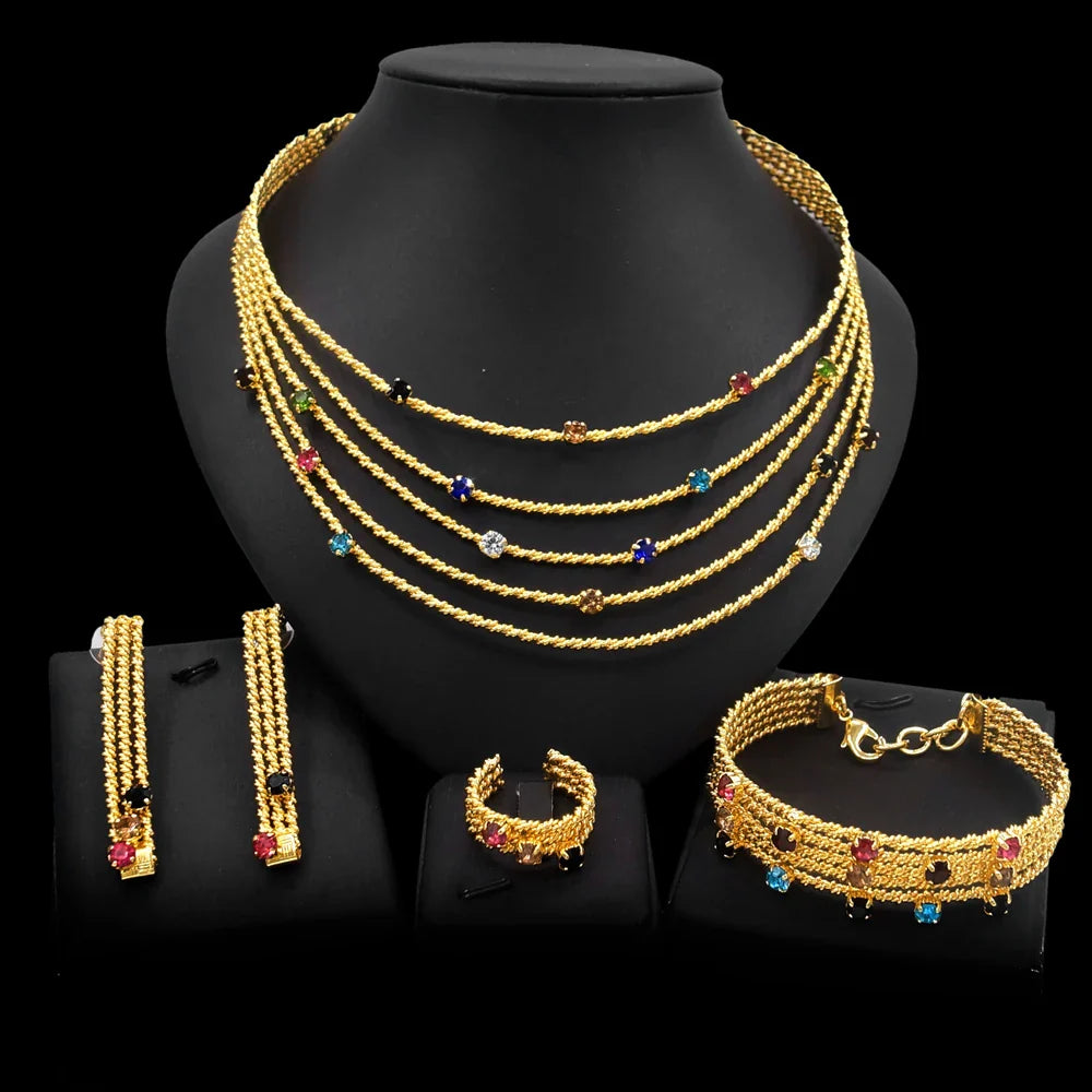 Women Jewelry Set Brazil Gold Plated Colorful Rhinestone Necklace Earrings Bracelet Cutout Design Wedding Banquet Jewelry