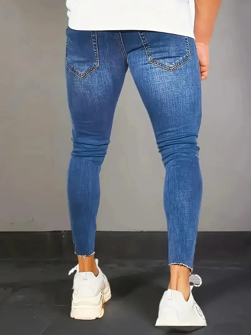 Men's Slim-Fit Washed Jeans - Vintage Five-Pocket Light Blue | Authentic Faded Look for Fall/Winter Vintage Vibes