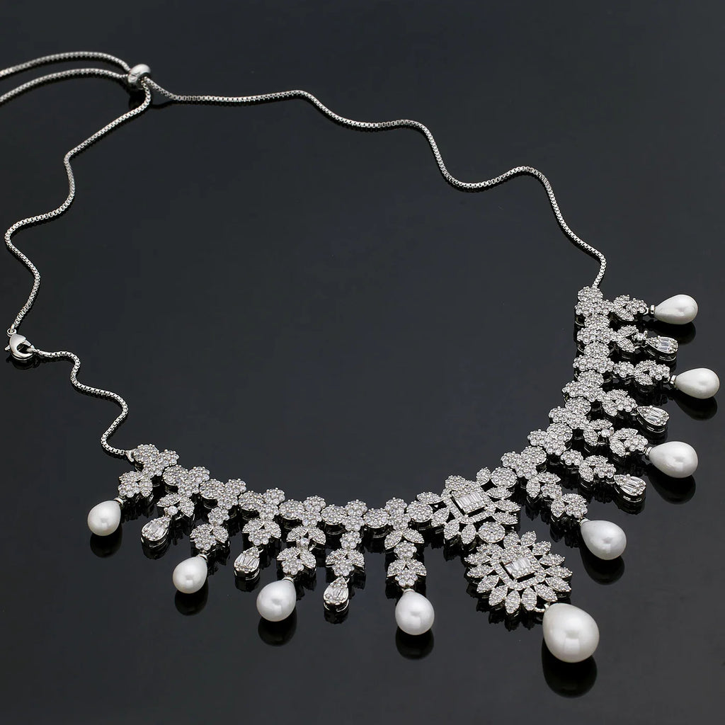 Elegant Pearls CZ Zirconia Bridal Jewelry Set For Women 4PCS Adjustale Chain 2024 Bride Wedding Party Jewellery