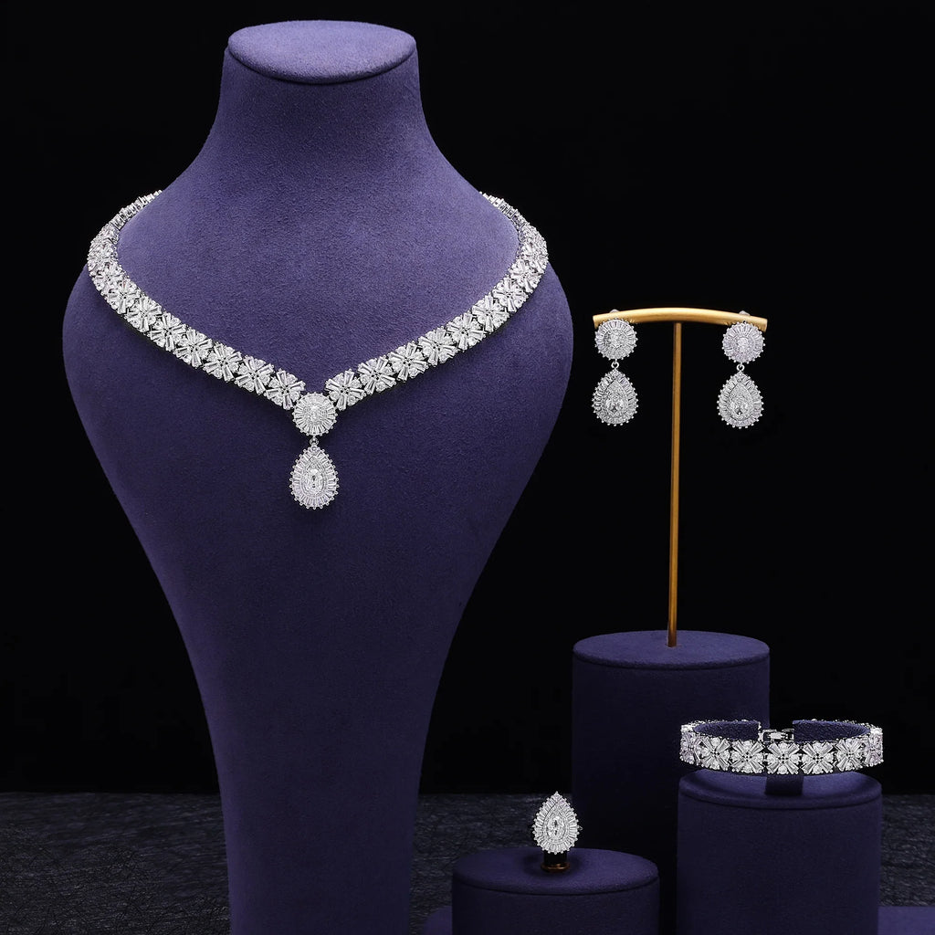Luxury Wedding Indian Bridal Jewelry Sets Women Snowflakes Cubic Zirconia 4 pcs Necklace Earrings for Women