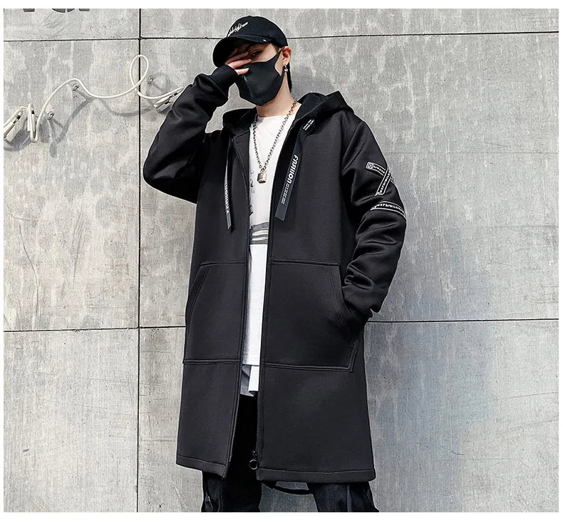 New Men Streetwear Black Jackets And Coats Hip Hop Harajuku Hooded Men's Windbreaker Overcoat Mens Clothing Outwear M-5XL