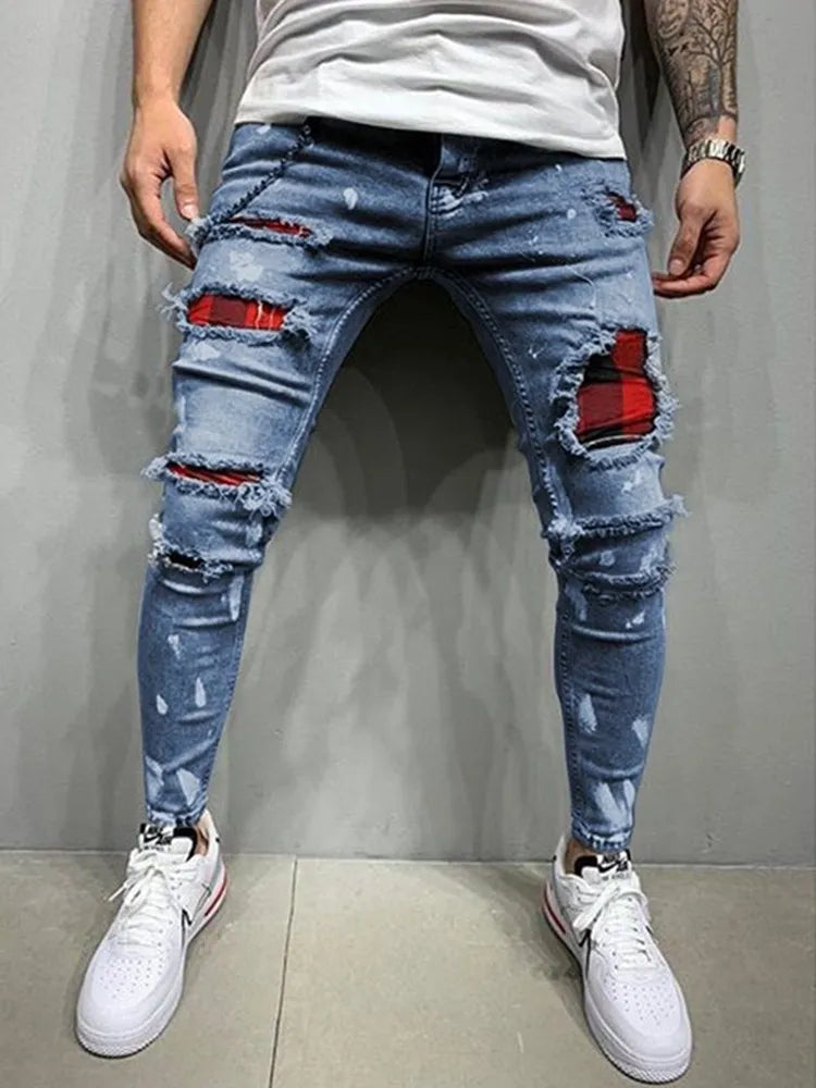 Men's Skinny Ripped Jeans Fashion Grid Beggar Patches Slim Fit Trousers