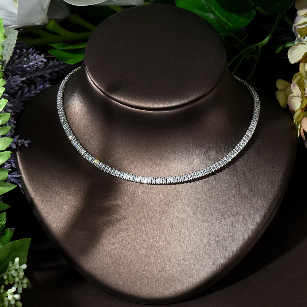 Luxury 4pcs Necklace and Earring Set Baguette Zirconia Choker Design African Jewelry Nigeria Wedding Accessories N-400
