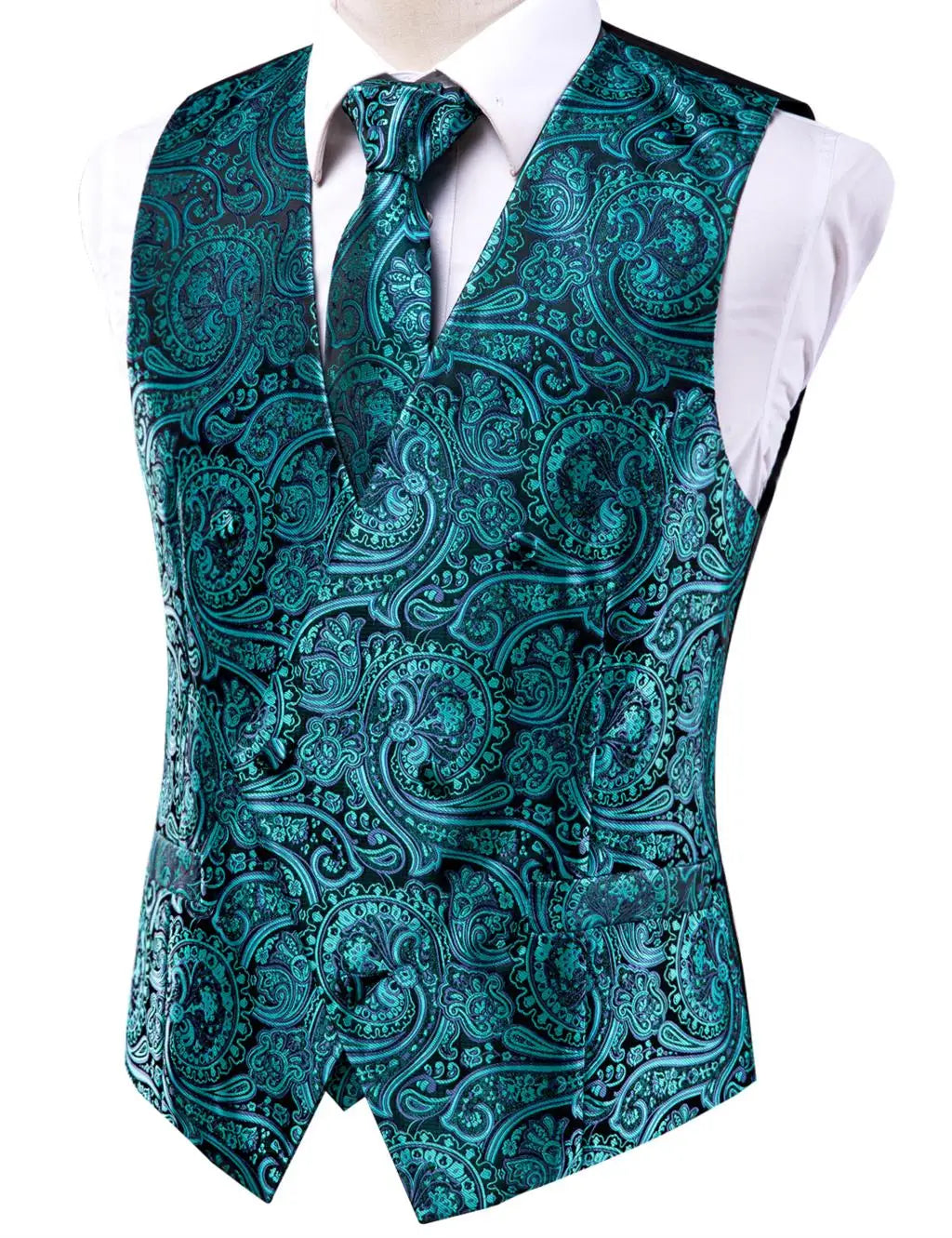 Silk Men's Vests and Tie Business Formal Dresses Slim Vest 4PC Necktie Hanky cufflinks for Suit Blue Paisley Floral Waistcoat