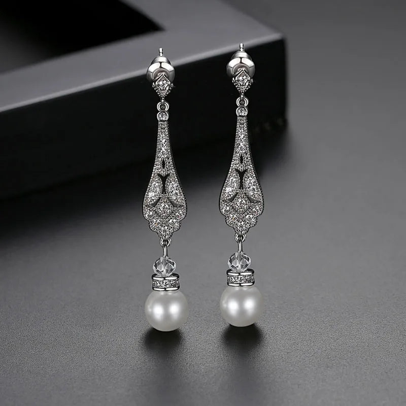 Pave Setting Fashion CZ Crystal Pearl Women Girls Earring AAA Grade Cubic Zircon Earring Bridal Wedding Dangle Earring